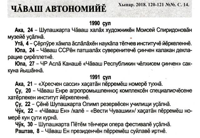 Михайлов А. Чăваш автономийĕ // Хыпар. 2018. 120-121 №№. С. 14.