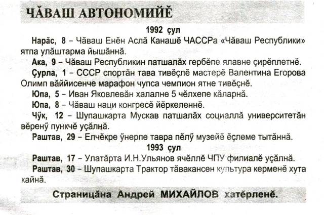 Михайлов Андрей. Чăваш автономийĕ // Хыпар. 2018. Чÿк, 2. 123-124 №№. С. 14.