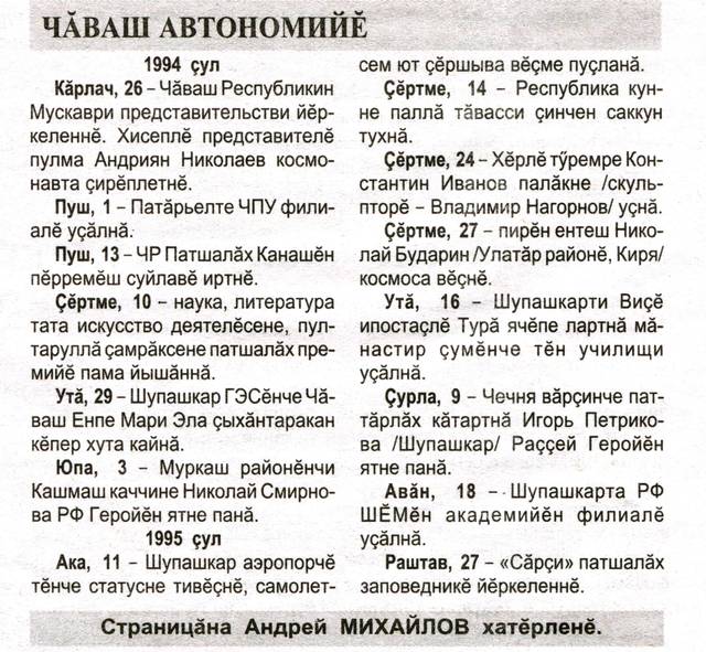 Михайлов А. Чăваш автономийĕ // Хыпар. 2018. 125-126 №№. С. 14.
